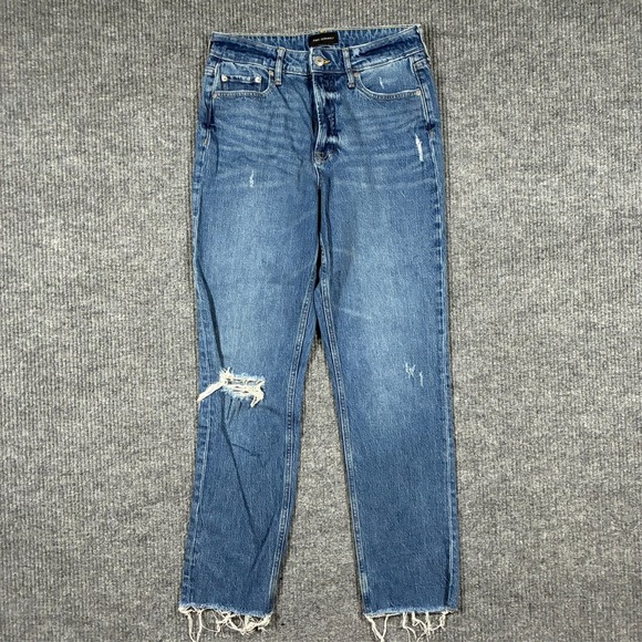 Free Assembly Denim - Free Assembly Womens Straight Jeans Size 6 Blue Distressed Denim Stretch Raw Hem